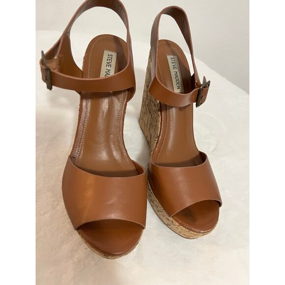 Steve Madden Eda Brown Cork Wedge Sandals Women’s Size 9.5 Peep Toe Platform - Picture 2 of 5